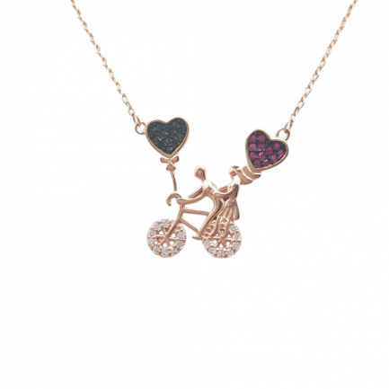 Sterling Silver Necklace Couple Riding A Bike With 2 Hearts